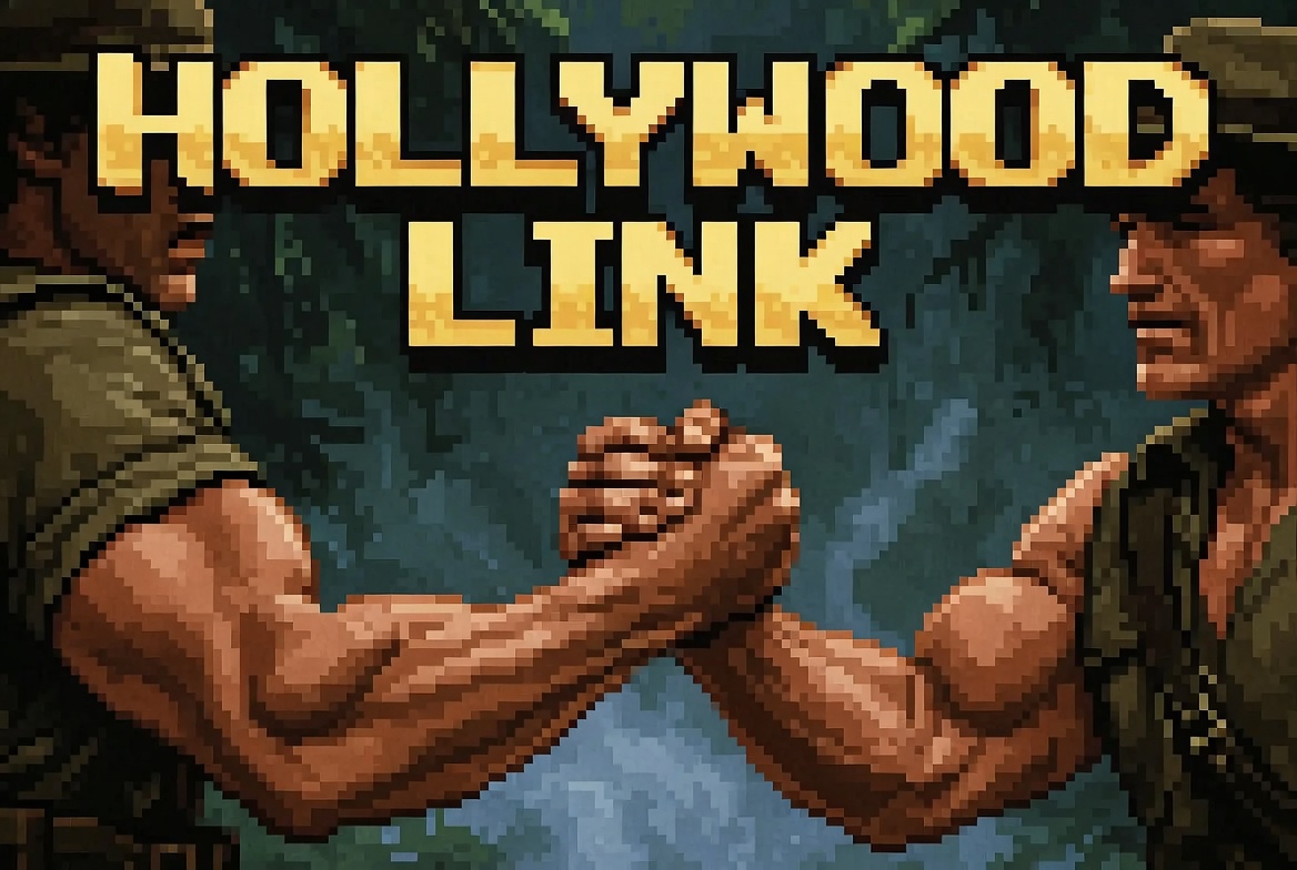 Hollywood Link title over a retro pixel-art jungle scene: two muscular action heroes in military gear shake hands, evoking the iconic Predator handshake.